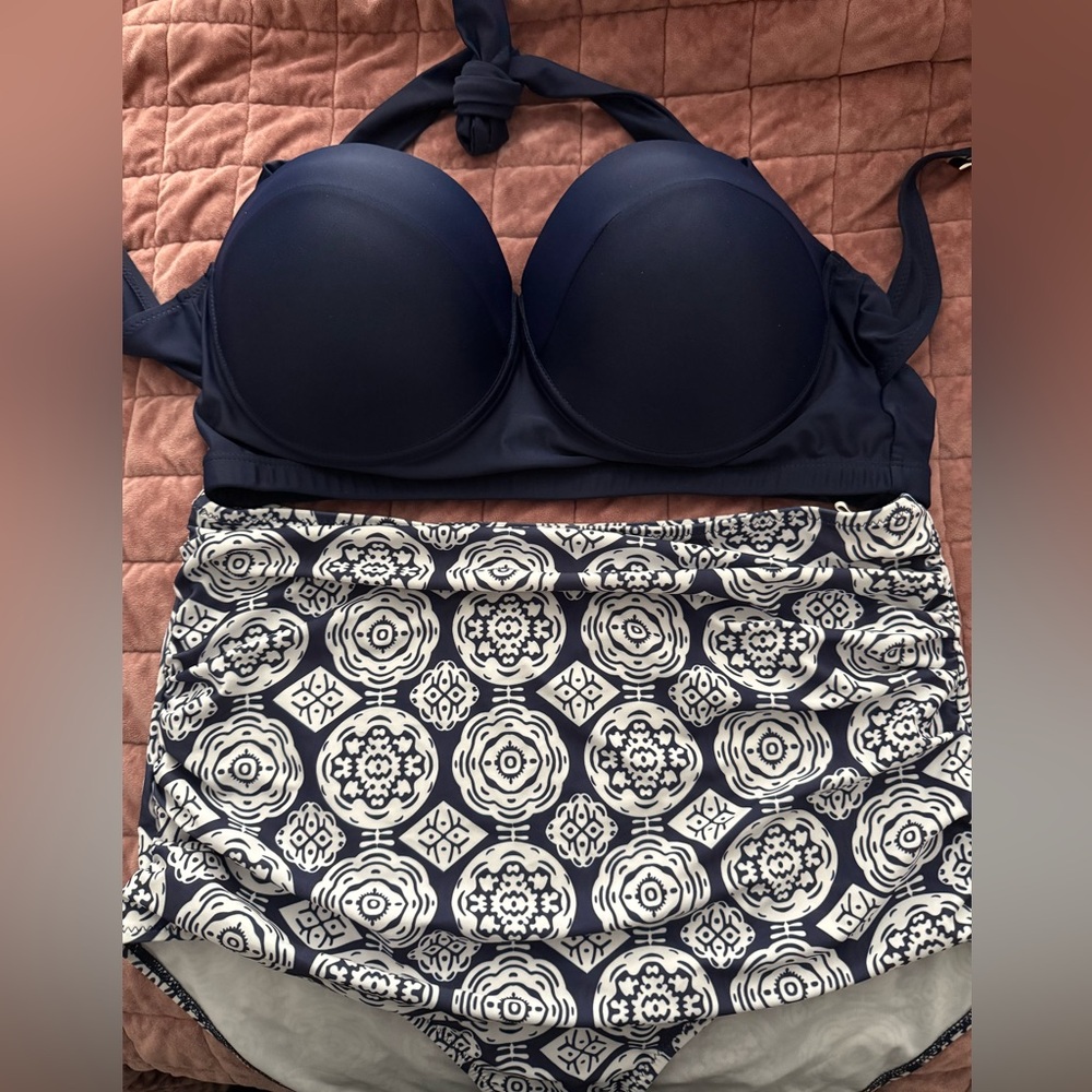 Navy Halter Bikini Top with High-Waist Patterned Bottom - Picture 5 of 7